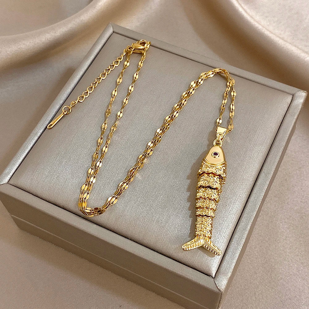 18K Gold Plated Stainless Steel Fish Pendant Necklace for Women