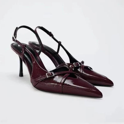Sexy wine-red high-heeled shoes. Summer fashion pointed-toe elegant cross-strap stiletto sandals. Big size women's shoes