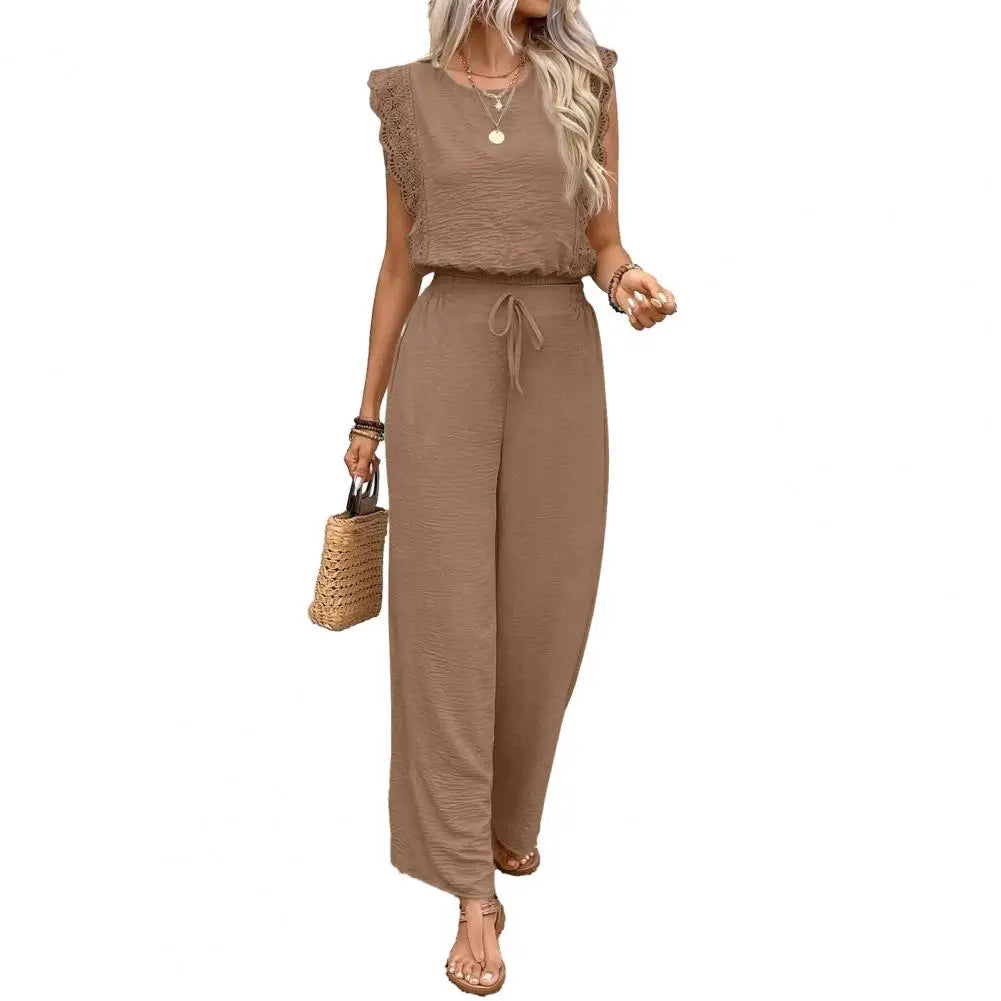 Crew Neck Top And Wide Leg Pants Set Fashionable Womens Summer Lounge Set Street Style Matching Outfit Relaxed Fit Vacation Suit