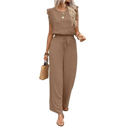 Crew Neck Top And Wide Leg Pants Set Fashionable Womens Summer Lounge Set Street Style Matching Outfit Relaxed Fit Vacation Suit