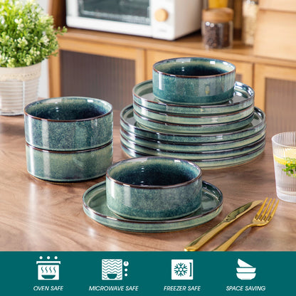 Vancasso 12/24/36 Piece Dinner Set Black Green Reactive Glaze Vertical Edge Dinnerware Set with 4 PCS Dinner Plate/Dessert/Bowl