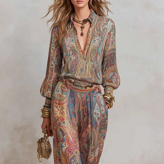 Retro Boho Printed 2 Piece Set for Women 2026 V Neck Top + Wide Leg Trousers Elegant Outfit Suit Casual Loose Suit Outfit