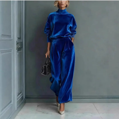 Autumn Winter Fashion High Collar Gold Velvet Long Sleeve Women's Suit