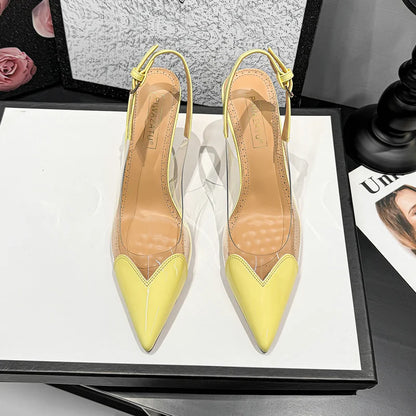 2026 Summer New Fairy-style Heart-shaped Pointed Toe Thin Heel Sandals for Women Transparent Patchwork Headpiece Back High Heels
