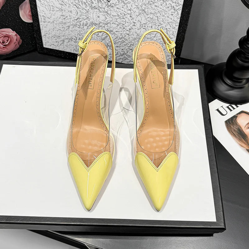 2026 Summer New Fairy-style Heart-shaped Pointed Toe Thin Heel Sandals for Women Transparent Patchwork Headpiece Back High Heels
