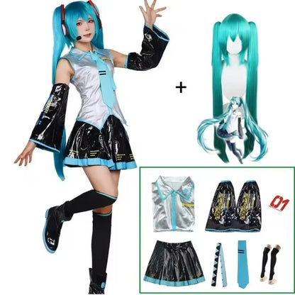 Miku Cosplay Silver Leather Fabric Suit Miku Cosplay Costume JK Sailor Dress High School Halloween Uniform Wig