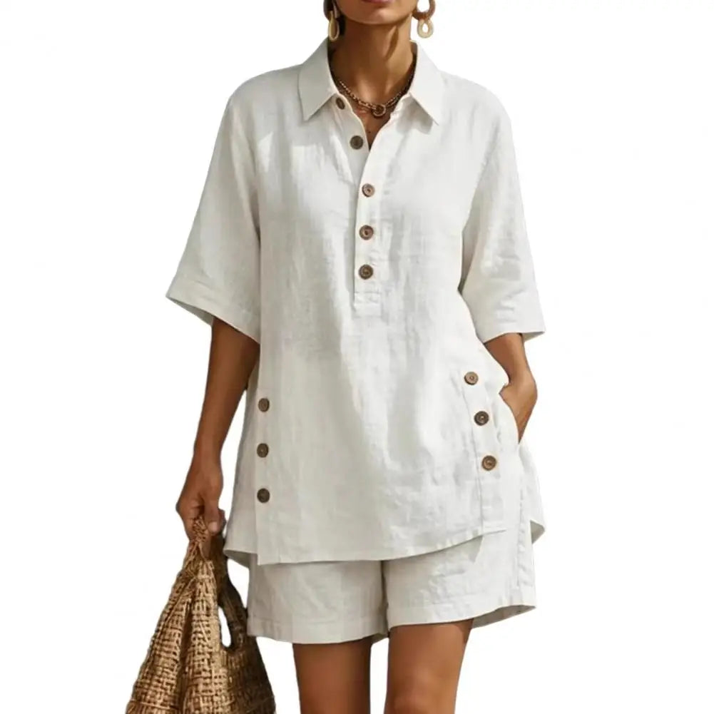 Cotton Linen Set for Women Button Short Sleeve Shirt And Wide Leg Shorts 2 Piece Outfit Summer Casual Beach Lounge Sets