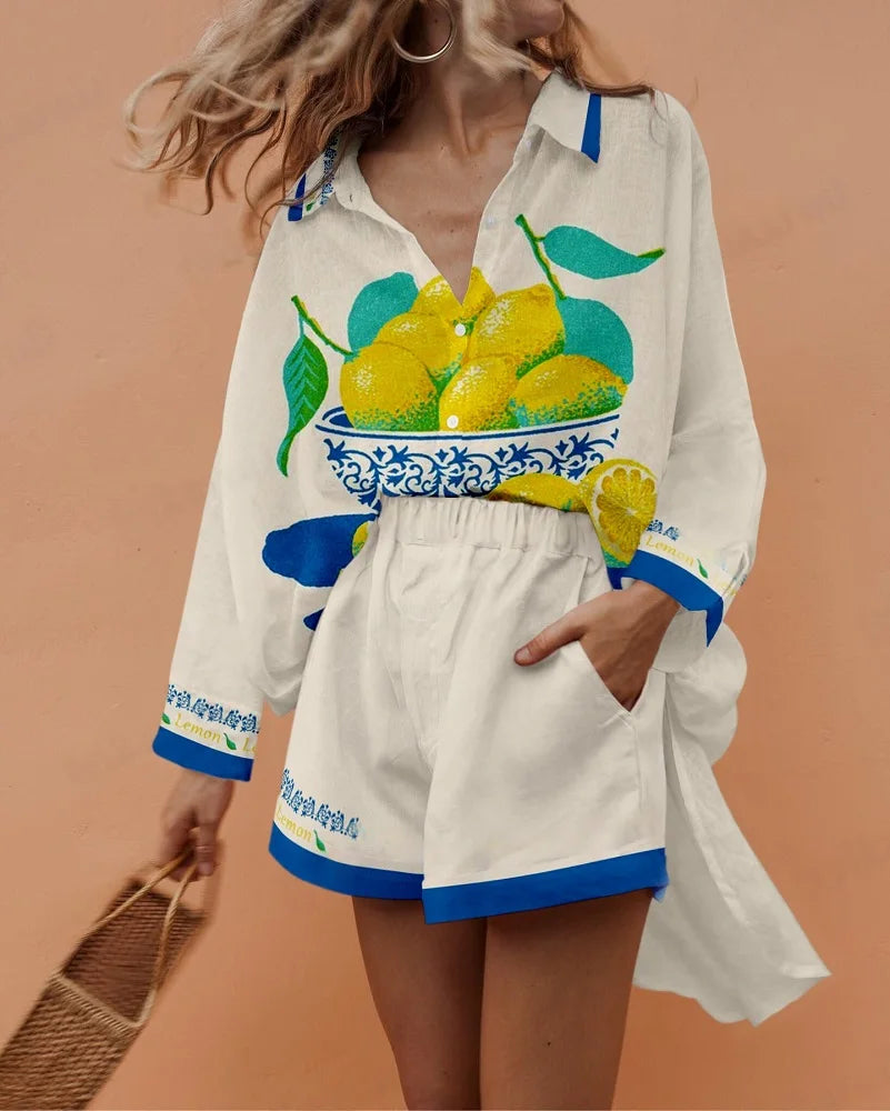 Summer Fashion Print Beach Holiday 2-Piece Set Women Long Sleeve Shirt Top+Wide Legs Short Women Oversized Two-Piece Outfit
