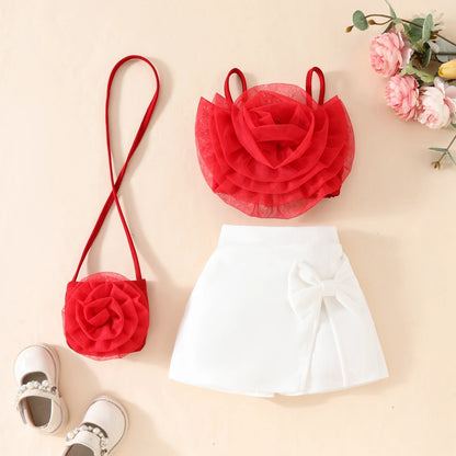 Summer Baby Childrens Clothes Set 0-4Y 3D Flower Camisole+Bow Shorts+Bag 3Pcs Trendy Girls Suit Kid's Culotte Girls Skirt Outfit
