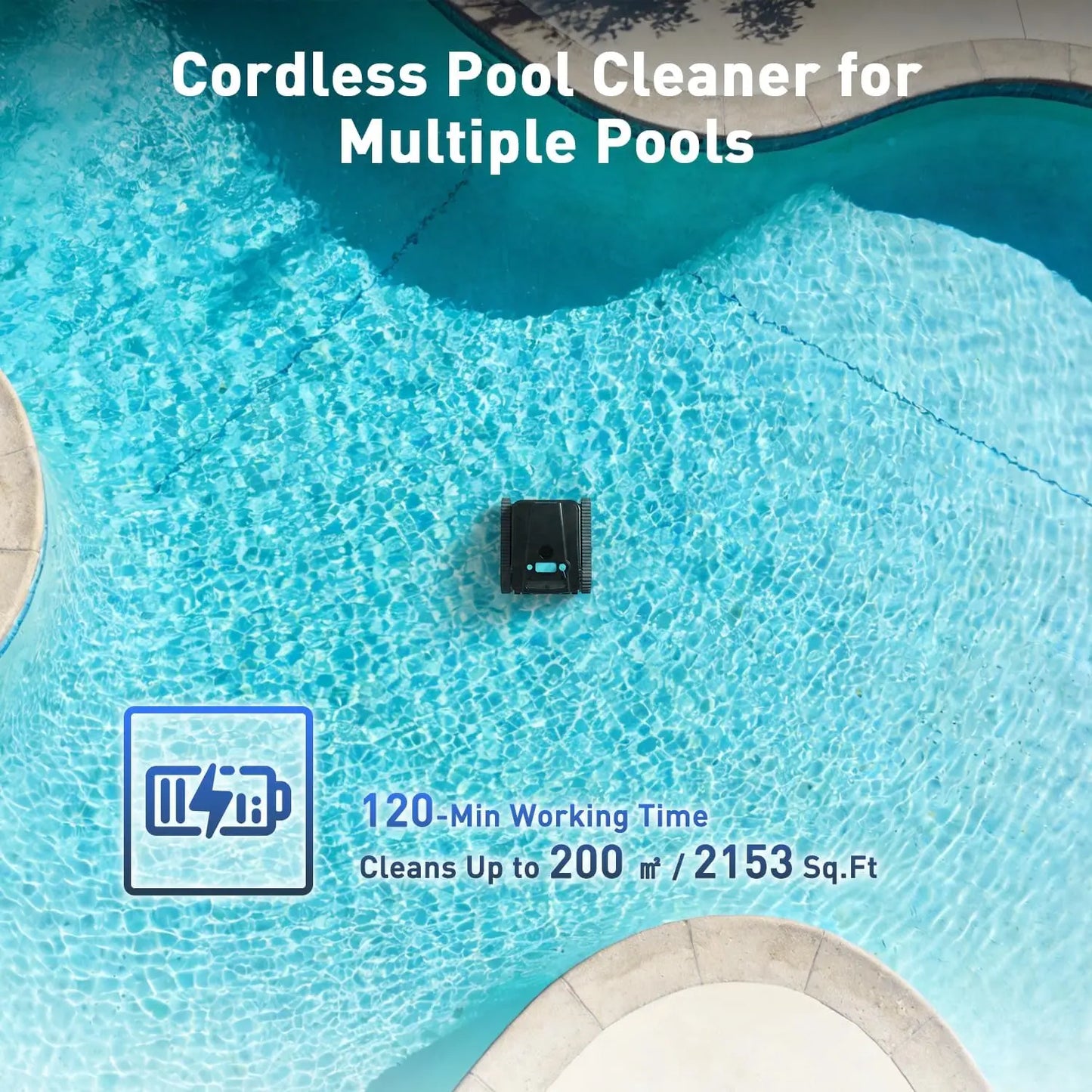 Cordless robotic pool cleaner for above-ground and in-ground pools; features automatic parking; maximum cleaning coverage of 19.8 meters / 1,100 square meters (tracked model).
