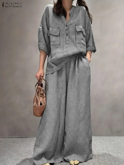 Women Pants Sets ZANZEA Fashion Summer 2 Piece Sets Plaid Outfits Casual Half Sleeve Blouse Wide Leg Trousers Street Tracksuit