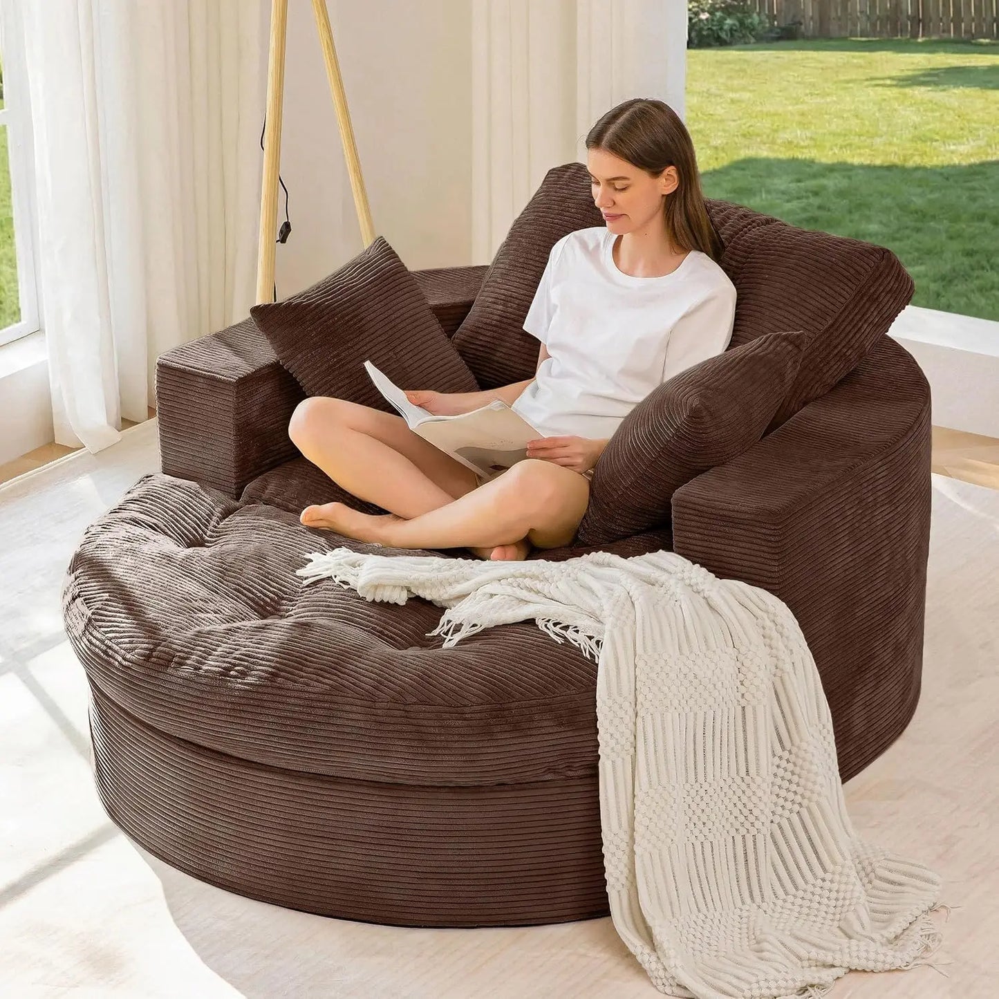 Oversized Round Chaise Lounge Sofa, Boneless Chair with Ottoman | Beige Upholstered Reading Chair Has a Deep Seat and 3, Custom