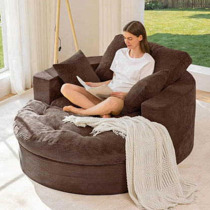 Oversized Round Chaise Lounge Sofa, Boneless Chair with Ottoman | Beige Upholstered Reading Chair Has a Deep Seat and 3, Custom