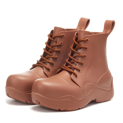 New Thick Sole Outdoor Rain Boots Women's Lace Up Fashion Solid Color Short Sleeve Four Seasons Waterproof Rain Shoes 장화 레인부츠