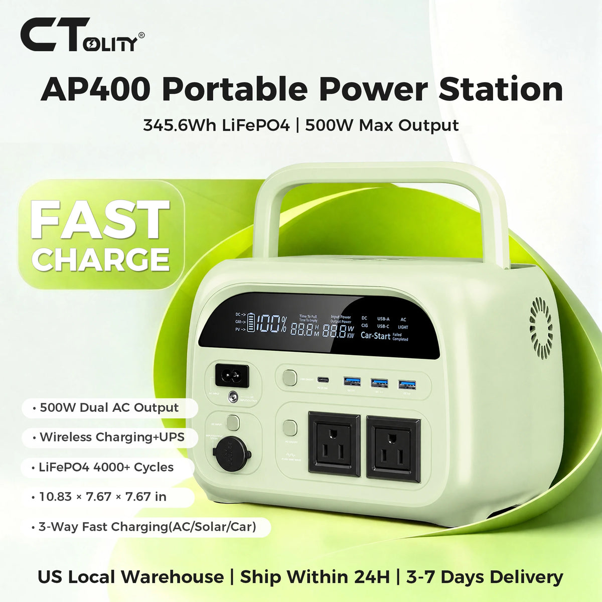CTOLITY AP400 345.6Wh Portable Power Station 500W Power bank, LiFePO4 Solar Generator with 150W Solar Input, UPS Backup Battery, Wireless Charging, AC/DC/USB Output for Camping Home Emergency