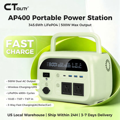 CTOLITY AP400 345.6Wh Portable Power Station 500W Power bank, LiFePO4 Solar Generator with 150W Solar Input, UPS Backup Battery, Wireless Charging, AC/DC/USB Output for Camping Home Emergency