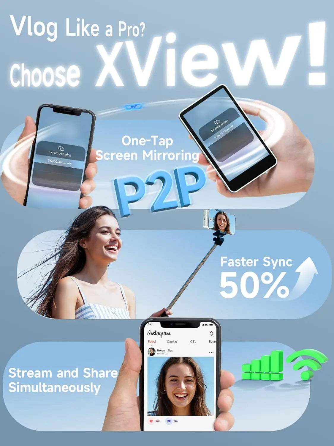 【US STOCK】 SYNCO XView M4 4 Inch Magnetic Vlog Selfie Monitor Screen P2P Wireless Connection Bluetooth Remote Control No WiFi Needed Portable Rear Camera Viewfinder Compatible with iPhone Smartphone Ideal for Outdoor Vlog