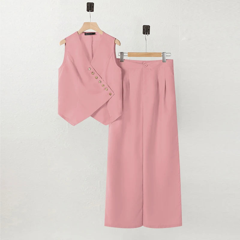 ZANZEA Women Trendy Pant Sets Irregular Buttons Vests and Wide Leg Pant 2-Pieces Suits 2025 Spring Summer Streetwear 2pcs Outfit