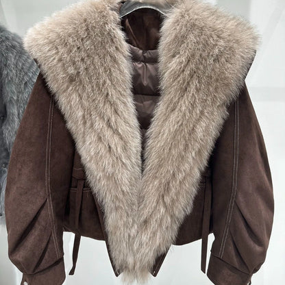 OFTBUY Real Fox Fur Collar Goose Down Jacket Winter Windproof Heavy Padded Coat Women Cropped Puffer Jacket Casual Outerwear