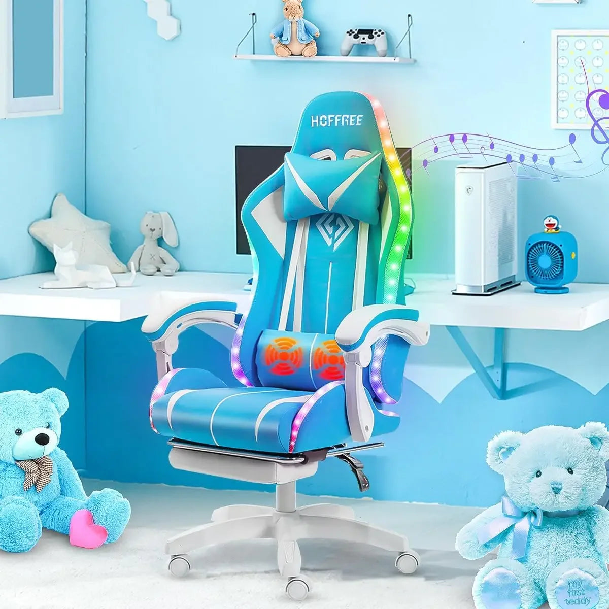 Fashion High Back Video Game Chair with Speakers Massage Computer Gaming Chair with LED Lights and Footrest