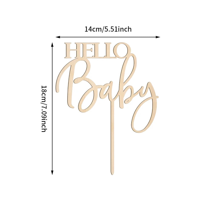 YOMDID Hello Baby Cake Topper Wooden Large Cake Decoration for Baby Shower Birthday Celebrations Party Cake Decorating Supplies