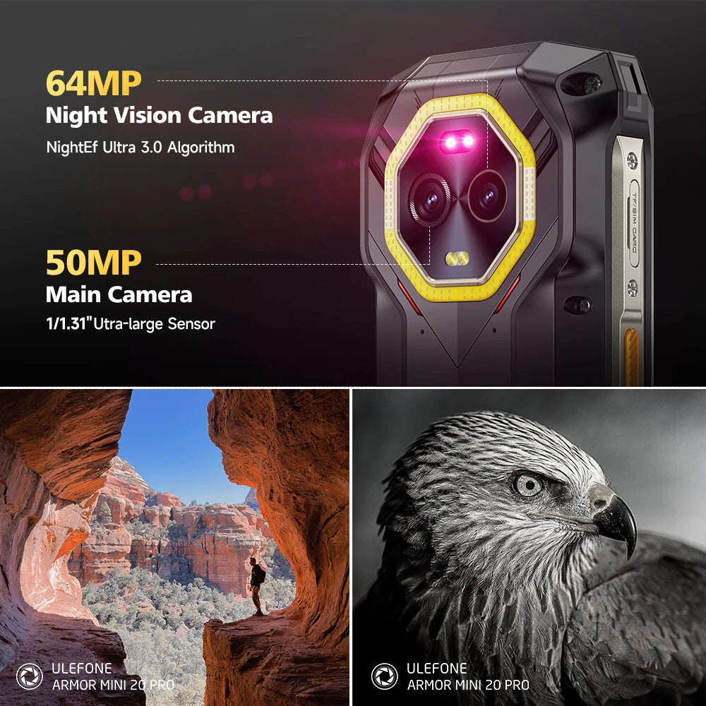 Ulefone Armor Mini 20 Pro 5G 4.7' Rugged Phone 64MP Night Camera 6200mAh Smartphone LED Light 16+256GB Android 14 Mobile Phone