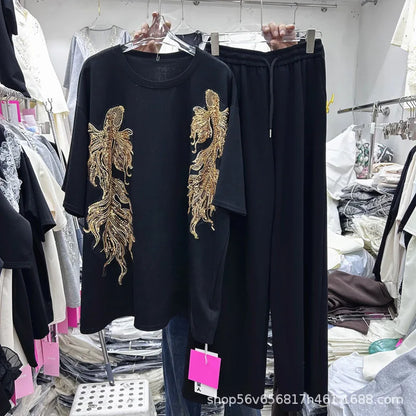 New Spring Summer Women Two-piece Set Sequins Embroidery Loose Short Sleeve T-shirt Top + Elastic Waist Straight Casual Pants