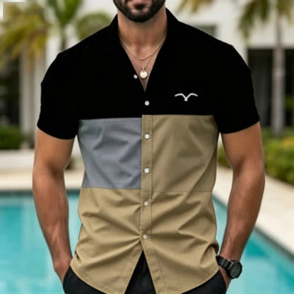 Men's short sleeved shirt with contrasting color splicing, geometric color block printed collar shirt, European and American str