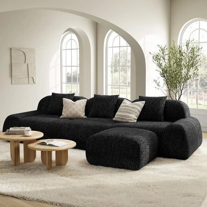 LumiPebble Black Boneless Couch with Ottoman, 110" Modern Deep Seat Sectional Sofa for Living Room, Modular, Customized