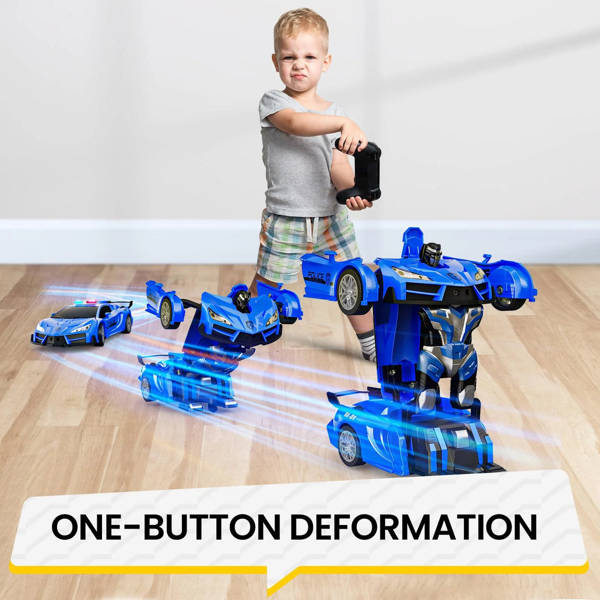 Remote Control Cars Police Car Toy Gesture Sensing with LED Light, 2.4GHz One Button Transformation Robot RC Cars Gift for Kids