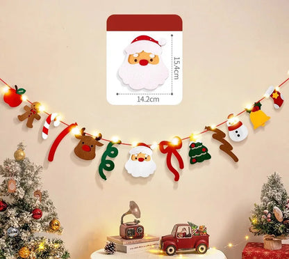 DIY Handmade Pull Flag Banner with LED Light String Merry Christmas Holiday Ornaments Home Room Background Christmas Decoration
