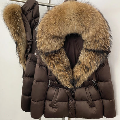 OFTBUY New Fashion Winter Clothes Women Duck Down Coat with Big Natural Fur Collar Belt Hooded Real Fox Fur Puffer Jacket Female