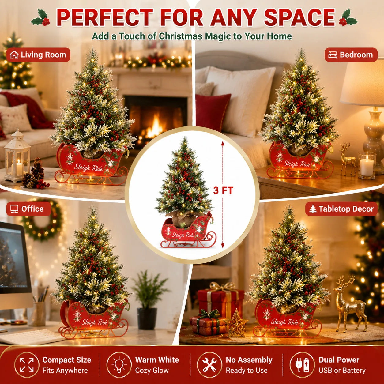 3‘ Artificial Christmas Tree Pre Lit Fiber Optic with 78 Warm White LED Lights 8 Mode Lighting Sleigh Ride Base USB Powered Battery Operated Tabletop Xmas Tree No Assembly