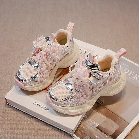 Girls Sports Shoes Princess Style Children Sneakers Thick Soft Sole 2025 New Fashion Kids Running Shoes Mesh Bows Sweet Cute