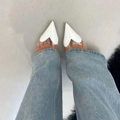 Clear Heart Heeled Mules Sandals Transparent PVC Pointed Toe Slip On Clear Heeled Sandals Party Prom Dress 7.5cm High Heel Mules