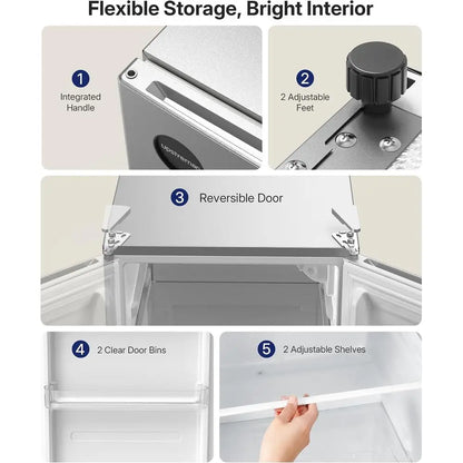 Compact Single Door Mini Refrigerator with 7 Adjustable Shelves, Ideal for Dorms or Small Spaces, Silver