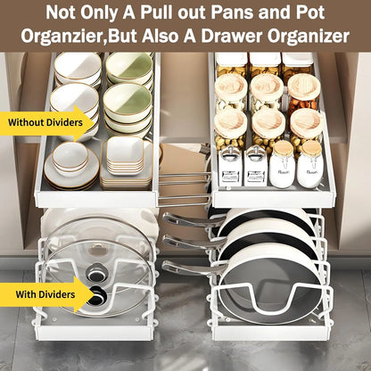 Pull Out Pots Pans Organizer for Under Cabinet Pull Out Cabinet Organizer Storage Pot Lid Organizer Holder Adjustable Dividers