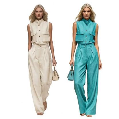 Elegant Sleeveless 2 Piece Sets Sleeveless Shirt Two Piece Outfit Stand Collar Pocket Blouse High Waisted Wide Leg Pants Sets