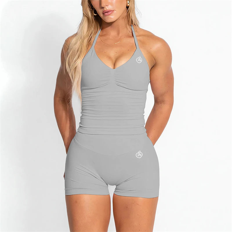 Bum PB Women Sports Yoga Suit Balance Scrunch Shorts Sets Gym Fitted Halter Built-in Bra With Cups Leggings Sets