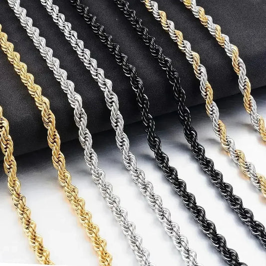 Twisted Rope Chain Necklace | Stainless Steel Men's Chain | Gold, Silver & Black