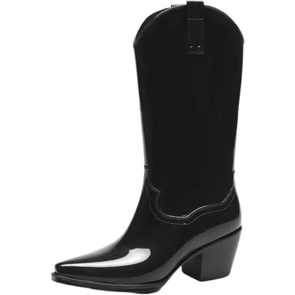 Women New Block Heel High Top Rain Boots Four Seasons Thick Sole Waterproof Non Slip Outdoor Fashionable High Heel Water Shoes