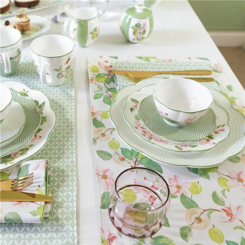 Ceramic Plate Household Bone China Dinner Plate Set Vintage Green Flower Dishes Tableware Oval Large Tray Dinnerware Sets
