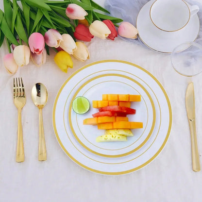 New Multi piece Set - Gold Platter Set, Plastic Tableware, Gold Edge Plate, Knife, Fork, Spoon, Party Wedding Set, Dessert Plate