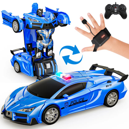 Remote Control Cars Police Car Toy Gesture Sensing with LED Light, 2.4GHz One Button Transformation Robot RC Cars Gift for Kids