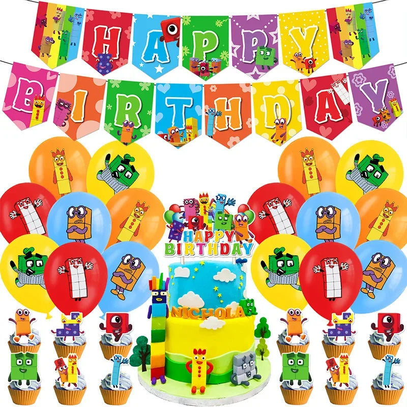 New 1Set Numberblocked Party Supplies TV Show Number Latex Balloons Toy Decor Happy Birthday Banner Bunting Cake Topper Balloon