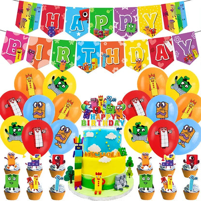 New 1Set Numberblocked Party Supplies TV Show Number Latex Balloons Toy Decor Happy Birthday Banner Bunting Cake Topper Balloon