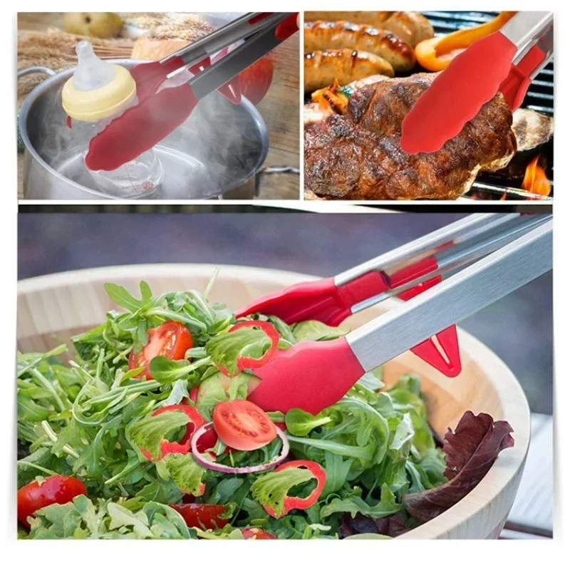 430 Stainless Steel Food Clip Equipped with Heat-resistant Silicone Kitchen Tongs Bbq Barbecue And Steak Frying Tool Holder