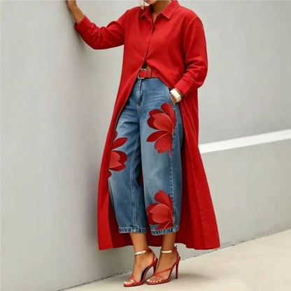 Women's Print High Waist Jeans And Shirts Dress  Loose Wide Leg Denim Pants Casual Trendy Trousers And Maxi Dress Women Clothing