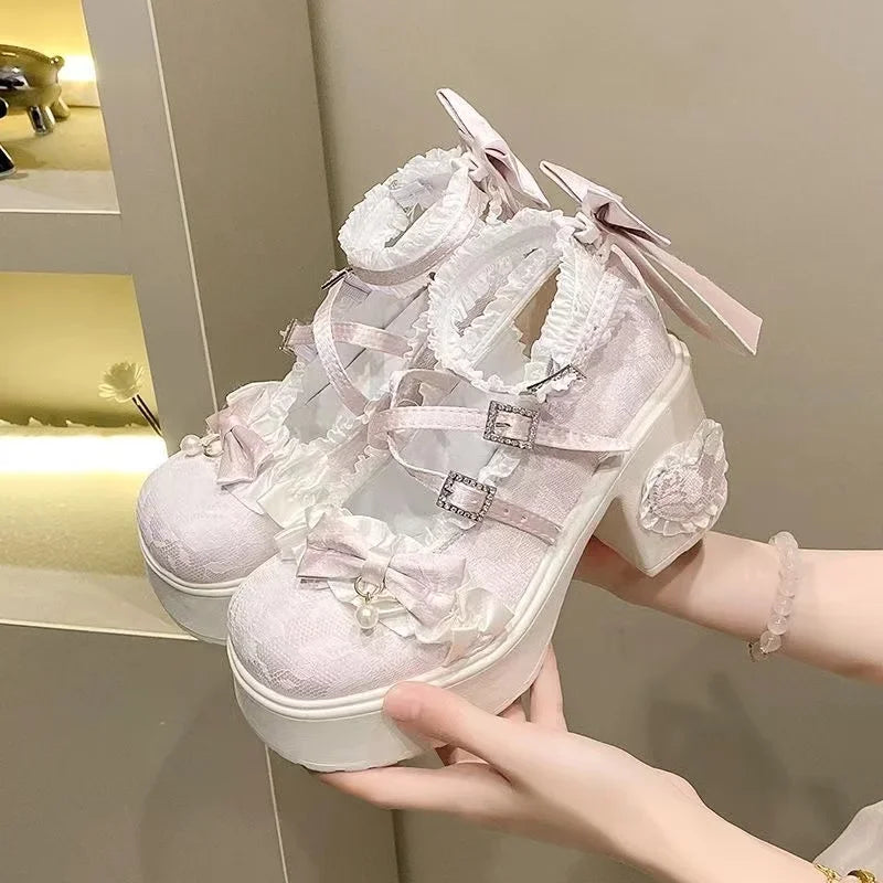Fashion Mary Jane Women's Shoes Elegant Temperament Soft Sole Lace Lolita High Heels Beautiful Princess Shoes for Women Tacones