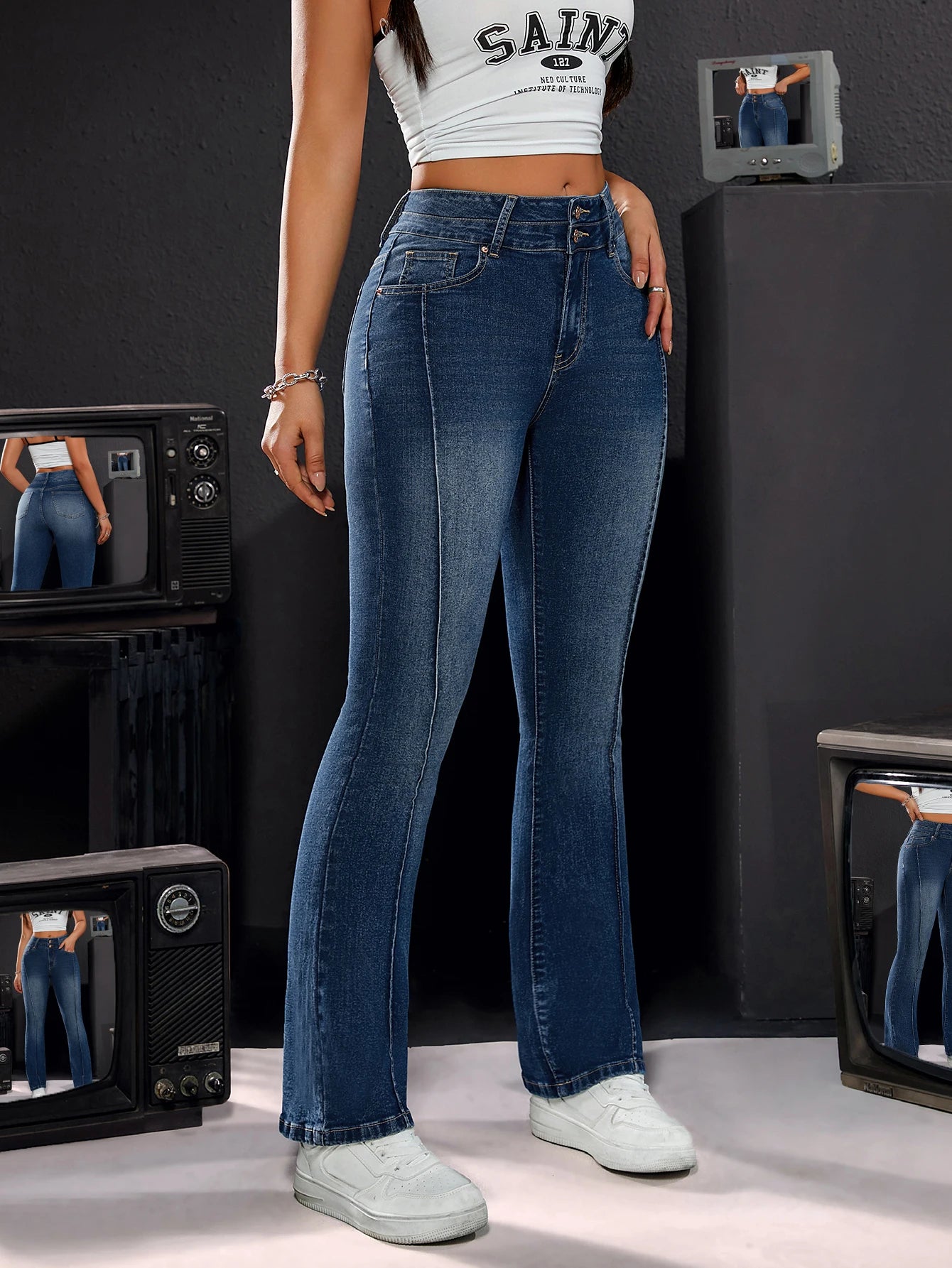 Women's High-Waisted Stretch Denim Trousers Double Button Detail Comfortable Fit Straight Leg Jeans